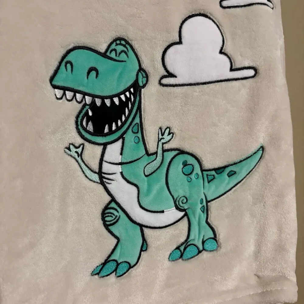 Disney Toy Story Rex Embroidered Dinosaur Blanket Ivory Green NWT 40 x 50 inches